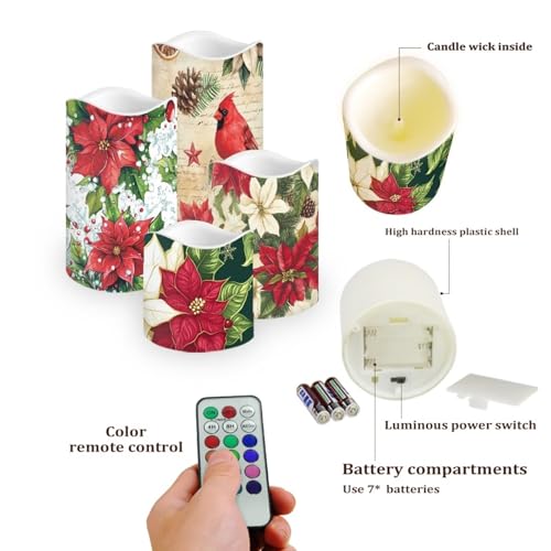 Image of Poinsettia Plastic Flameless Candles with Remote Christmas LED Flickering Battery Operated Color Changing Electric Pillar Candles Christmas Decorations