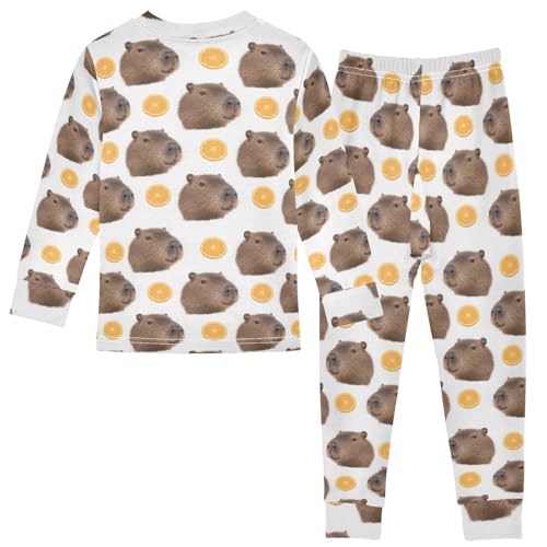 Capybara Orange Pattern Cute Pajama Sets Long Sleeve Top and Pants, Snug Fit Sleepwear for Night Wears2
