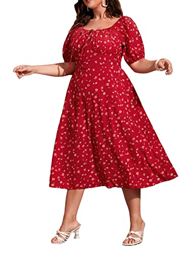 Floerns Women's Plus Size Floral Print Tie Front Square Neck Slit Hem Midi Dress Red 3XL