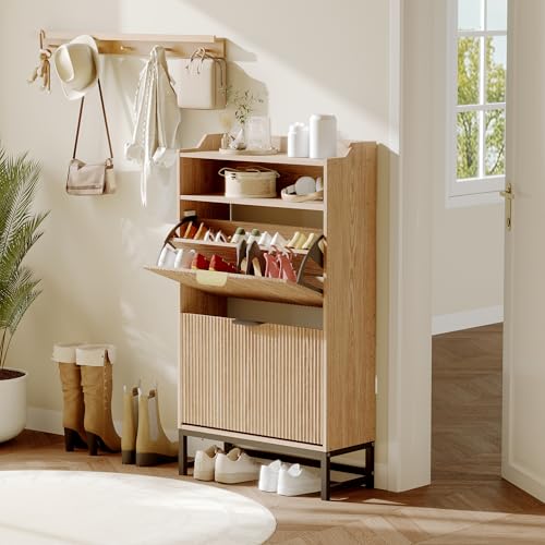 GarveeHome Fluted Shoe Cabinet Storage for Entryway, Wood Shoe Rack with 2 Flip Drawers and Open Shelf, Modern Entryway Organizer for Foyer, Hallway, Entrance, Natural Wood Color 2-Flip Open