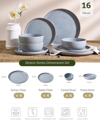 Image of Famiware Meteor 16-Piece Stoneware Plates and Bowls, Blue Gray | Dinnerware Set with Pasta Bowls for 4, Reactive Glaze Dish Set, Microwave & Dishwasher Safe, Chip & Scratch Resistant