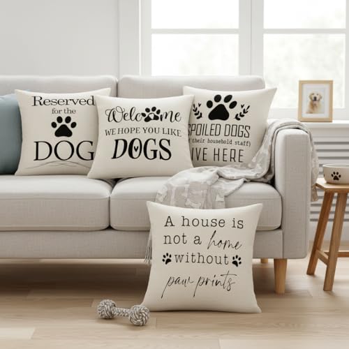 BREASOME Cushion Covers 45 x 45 cm Set of 4 Dog Design Animal Print Cushion Covers Linen Decorative Square Throw Pillow Cases for Sofa Couch Bedroom Living Room
