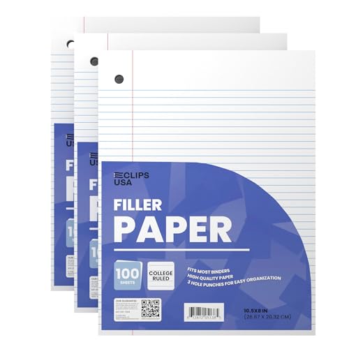 Loose Leaf Paper College Ruled Notebook Paper College Ruled Lined Paper Writing Paper Filler 10.5” x 8” 300 Sheets 100 Sheets Per Pack 60 gsm (3 Pack)
