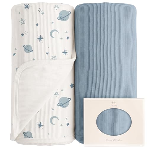 Image of Konssy Ribbed Knit Baby Blankets 2 Pack, Stretchy Lightweight Swaddle Blanket for Boys & Girls, Soft Cozy Receiving Wrap for Newborns, Infants, & Toddlers, 33x42 Inch