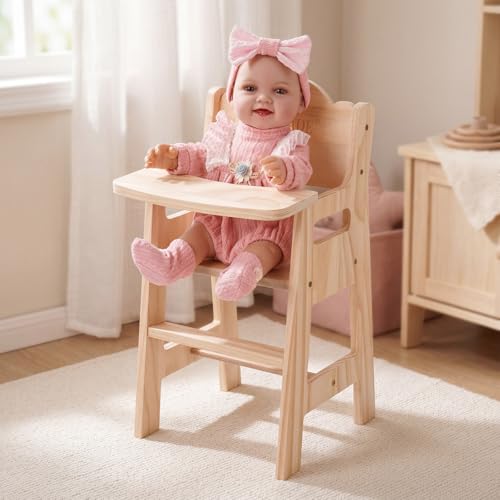 BABESIDE Baby Doll High Chair for 15-20 Inch Baby Dolls Wooden Doll High Chair Baby Doll Accessories for Kids Pretend Play Toy Wood HighChair for Dolls