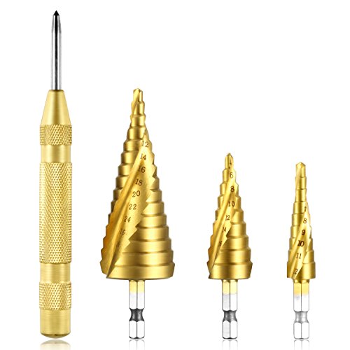 Qibaok Stufenbohrer-Set mit automatischem Zentrierstempel, 3 Stück, HSS Titan, Sechskantschaft, Stufenbohrer für Kunststoff, Holz, Aluminium, Metallblech, metrisch 4-12/4-20/4-32 mm Cover