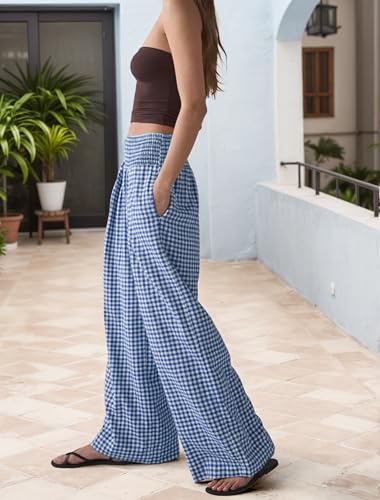 Womens Gingham Pants Cotton Wide Leg Plaid Pant Elastic Waist Lounge Pajama Bottoms Y2K Beach Vacation Trousers with Pockets3