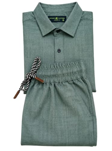 Image of Men's Premium Linen Co-Ord Set | Regular Fit Full Sleeve Solid Shirt with Drawstring Trouser | Breathable Linen Casual Outfit for Summer, Travel, Beach, Vacation & Daily