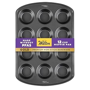Wilton Gold Non-Stick 12 -Cup Muffin Pan, Stainless Steel Bakeware, Made without PFAS, 10.5 x 15 x 1.4 in, Packaging May Vary