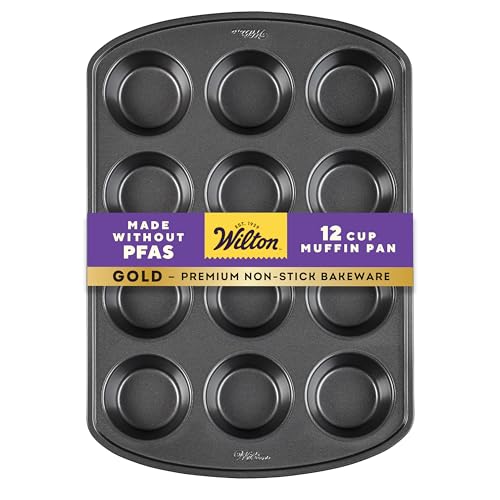 Wilton Gold Non-Stick 12 -Cup Muffin Pan, Stainless Steel Bakeware, Made without PFAS, 10.5 x 15 x 1.4 in, Packaging May Vary