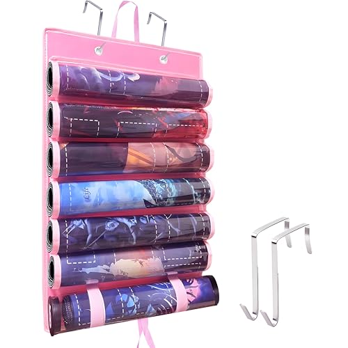 Playmat Holder, Playmat Tube Storage Bag for MTG with 2 Hooks, Fits 6+1 Game Mats & Tubes with Transparent Plastic Slots, Portable Organizer Case for TCG/RPG Mat (Pink)