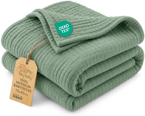 Musselin Decke Babydecke Baumwolle 75 x 60 cm - Musselindecke Kuscheldecke Baby Musselintücher Kinderdecke dünne Babydecken Pucktuch Muslin Blanket für Kinder Oeko-Tex Salbeifarbe