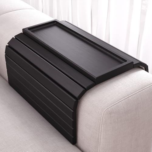 Danfoxer Sofa Arm Tray Bamboo Folding Couch Arm Tray Sofa Armrest Trays with Anti-Slip Pad for Drinks Snacks Phone Remote ControlBlack