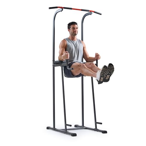 Sunny Health & Fitness Multi-Function Compact Power Tower 300 LB Weight Capacity Strength Training Fitness Equipment with Captains Chair Dip Station Pull Up Bar Push Up & Core Workout - SF-XF924016
