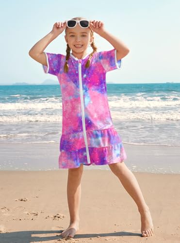 Image of BesserBay Girls Summer Beach Quick Dry Cover Up Ruffle Hem Terry Smocked Hooded 4-14 Years with Pockets
