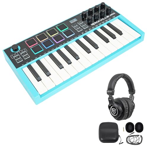 Audisavings Bundle: Rockville M25 25 Key USB Wireless MIDI Keyboard Controller With Bluetooth+8 Pads Bundle With Rockville PRO-M50 Studio Headphones w/Detachable Coil Cable, Case (2 Items)