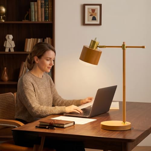 Image of OYEARS 22.2 inch Mid Century Desk Lamp, Modern Metal Table Lamp with LED Bulb, Adjustable Reading Lamps, Industrial Task Lamp for Home Office, Farmhouse Bedside Lamps with Solid Base, Woodgrain
