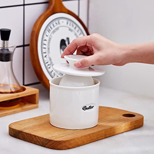 Swuut Ceramic Butter Crock,French Butter Dish with Lid, Butter Keeper with Water Line,Butter Container for Soft Butter (White)