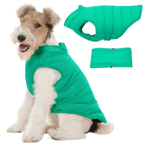 Dog Puffer Jacket with Detachable Neck Wrap for Small Dogs, Waterproof Dog Vest with Back Zipper, Winter Coat Fleece Elastic Band on Chest for Dogs, Bichon Frise, Chihuahua, Green XS XS Gree