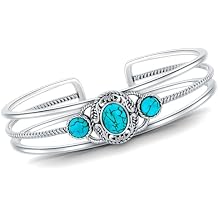 Genuine 3 Turquoise Stone Bracelet, Sterling Silver Boho Adjustable Bangle Cuff Native American Vintage Jewelry for Women, Fit for 6.5 7 7.5 Inches