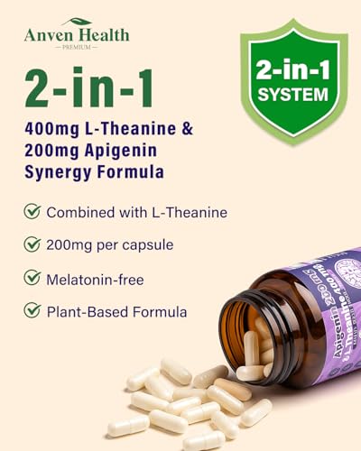 Anven Health 400mg L-Theanine with 200mg Apigenin Supplement for Sleep-Natural Relaxation & Stress Relief - Gluten Free,Non-GMO, Zero Fillers - Made in USA | 60 Veggie Capsules — view 4