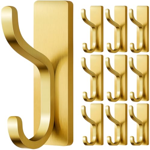niffgaff Wall Hooks for Coat and Towel: 13lb Adhesive Door Hanger Stick On, Sticky Hook for Wall, Closet, Bathroom - Stainless Steel, Brushed Gold, 10 Pack