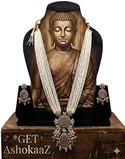 GET AshoKaaZ Multi-Strand Pearl Necklace Set with Earrings, Victorian Style, Grey Stone Pendant Price In India