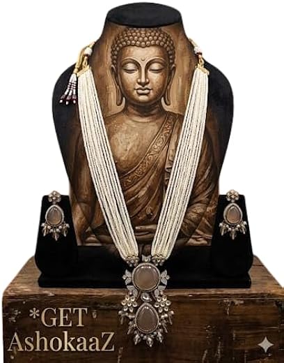 GET AshoKaaZ Multi-Strand Pearl Necklace Set with Earrings, Victorian Style, Grey Stone Pendant