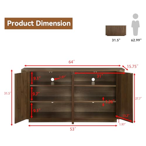 64" Sideboard Buffet Cabinet with Storage, Modern Fluted Accent Credenza with Adjustable Shelves, Wood Media Console Coffee Bar Table for Living Room Kitchen Dining Room, 31.5" H, Walnut - Image 3