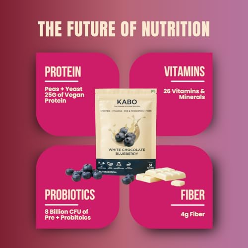 Image of KABO 25g Yeast Plant Protein Powder for Men & Women, White Chocolate Blueberry Flavour | Probiotics, 26 Vitamins & Minerals, 60+ Superfoods | India's First 3-in-1 Nutritional Drink | 1 Pack (51g)