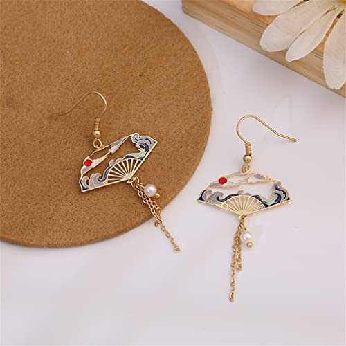 Qhovpa Fan Earrings For Woman Girls, Asymmetric Crane Sector Drop Earrings Small Dangle Cute Retro Ethnic Pretty Stud Earrings, Blue Fan #TOP3