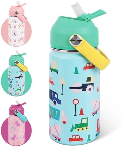 AMFUN Trinkflasche Kinder Edelstahl, 350ML Trinkflasche- Kinder, Edelstahl Kinderflasche Auslaufsicher, Wasserflasche mit Strohhalm, Thermosflasche für Schule - BPA Frei