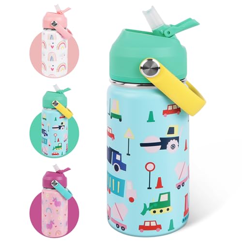 AMFUN Bouteille d'eau Isotherme pour Enfants, 350ML Gourde Isotherme pour Enfants avec Paille, Motif Anti-rayures Avec Poignée, Sans BPA, pour Boisson Chaude ou Froide...