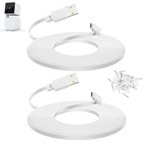Smays 10 ft Cable for WYZE Cam Pan v3 Camera Long Micro USB Flat Power Cord 90 Degree 2-Pack White