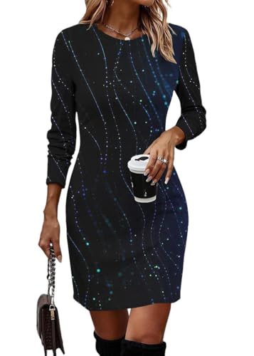 Minetom Weihnachtskleid Damen Weihnachten Rundhalsausschnitt Langarm Kleid Mini Partykleid Xmas Druck Party Kostüm A2 Blau M