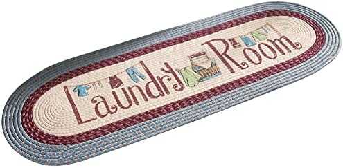 Collections Etc Braided Laundry Room Floor Runner Rug with Blue and Burgundy Border, 20" x 48", Blue