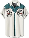 DADDYLOCO Western Tattoo Art Button-Down Shirt, Short Sleeve, Teal and Cream, Regular Fit