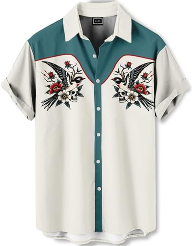 DADDYLOCO Western Tattoo Art Button-Down Shirt, Short Sleeve, Teal and Cream, Regular Fit
