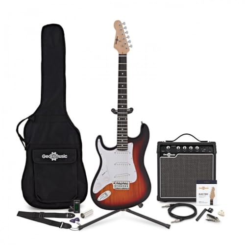 Full Size Guitarra Eléctrica LA para Zurdos Sunburst con amplificador de guitarra de 15W y kit completo de accesorios