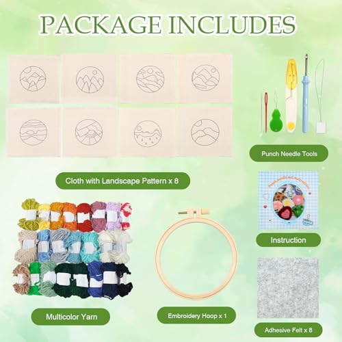 Image of Soleeya Punch Needle Kits Adults Beginner 8 Pcs Punch Needle Coaster Kit Landscape Patterns Stitching Punch Embroidery Including Yarn Hoop Needle, Rug Tufting Coaster DIY Craft Gifts