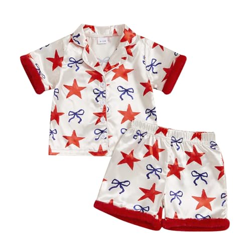 MAINESAKA Toddler Baby Girl Satin Pajama Set 4th Of July Pjs Feather Trim Flag Button Down Shirt And Shorts Sleepwear Outfit (A-Red, 2-3 Years)