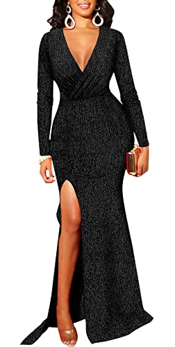 BestGirl Formal Long Sleeve Dress for Women Sequin Bodycon Ruched Sparkly Dresses