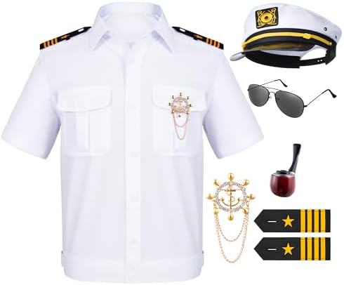 TOGROP 6PCS Men's Yacht Captain Sailor Costume Adult Shirt Hat Accessories Set Party Cosplay