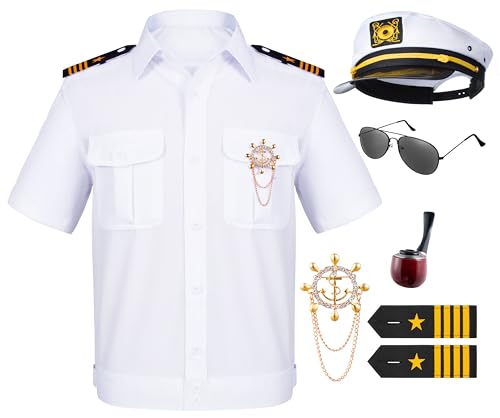 6PCS Men's Yacht Captain Sailor Costume Adult Shirt Hat Accessories Set Party Cosplay XX-Large White