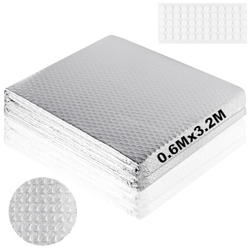Dshunnc 3.2 m x 60 cm Heizkörper Reflexionsfolie Heizung 3mm Dicke Isolierfolie Dämmfolie Doppelseitige Alu Luftpolsterfolie Thermofolie mit Klebepads für Fahrzeuge Dächer Fenster Rohre usw