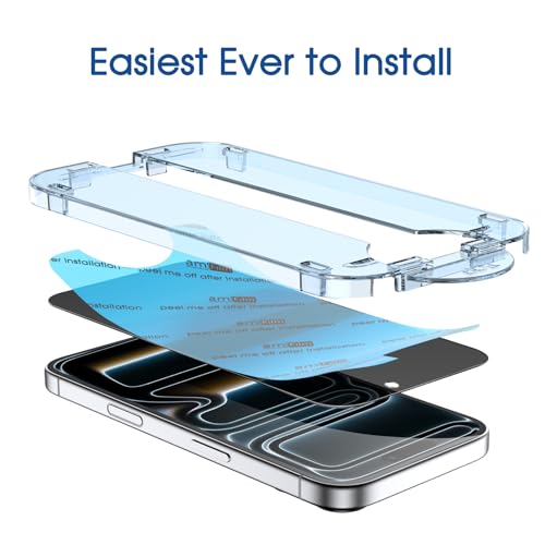 Image of amFilm OneTouch for iPhone 17 Pro Privacy Screen Protector 6.3'' 2025 | 30s Auto-Alignment, Bubble Free, Tempered Glass, 28 Anti Spy, Shatterproof, Camera Lens Protector 2+4 Pack (17P-6.3'')