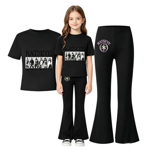 Mengmiao Mädchen Katseye Shirt & Jogginganzug Katsgirls+ 2-teiliges Kinder Set mit Hose Eyekons Tee + Jogginghose K-Katseye Merch Trendiges Streetwear Outfit für kpop Fans Kurzarmshirt