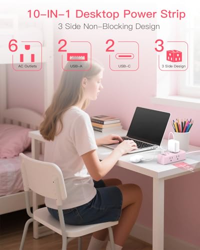 Image of 5Ft Extension Cord with Multiple Outlets, Flat Plug Power Strip Surge Protector with 5 Ft Long Cord, 6 Outlet 4 USB Ports (2 USB C), Multi Outlet Wall Plug for College, Dorm Room Essentials(Pink)