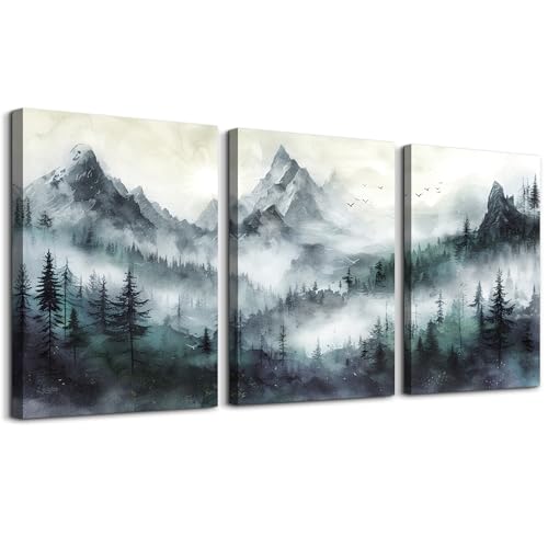 TTHYUEWS Canvas Wall Decor For Bedroom & Living Room - Modern Office Decoration - Misty & Fog Mountain Forest Wall Painting Landscape - 3 Piece, 16"X24"