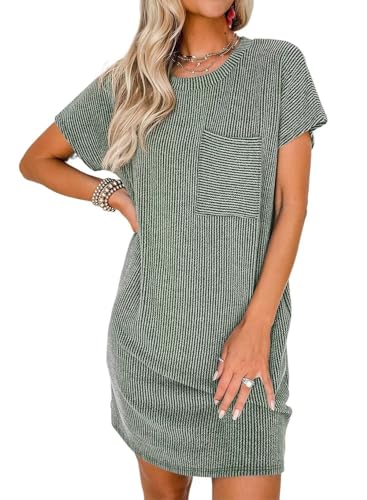 Image of Acelitt Womens Casual Summer Crewneck Short Sleeve Ribbed Mini Tshirt Dress, XS-3XL